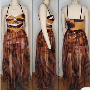 BEBE Dress Marble Sand Print Bodycon Strapless Dress w/ Removable Tulle skirt